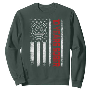 10 Years Sober Sweatshirt 10 Years Sobriety Anniversary Vintage American Flag TS11 Dark Forest Green Print Your Wear