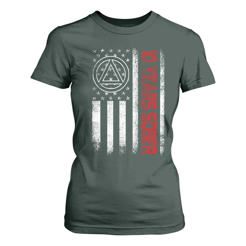 10 Years Sober T Shirt For Women 10 Years Sobriety Anniversary Vintage American Flag TS11 Dark Forest Green Print Your Wear