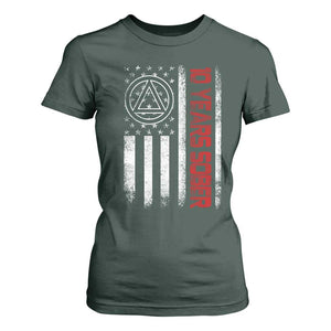 10 Years Sober T Shirt For Women 10 Years Sobriety Anniversary Vintage American Flag TS11 Dark Forest Green Print Your Wear