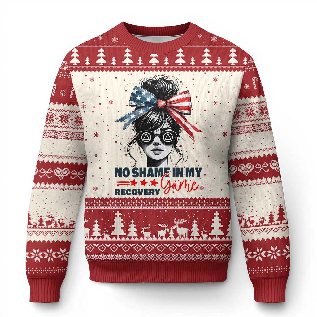 No Shame In My Recovery Game Ugly Christmas Sweater Sobriety AA NA Anniversary TS11 Beige Red Print Your Wear