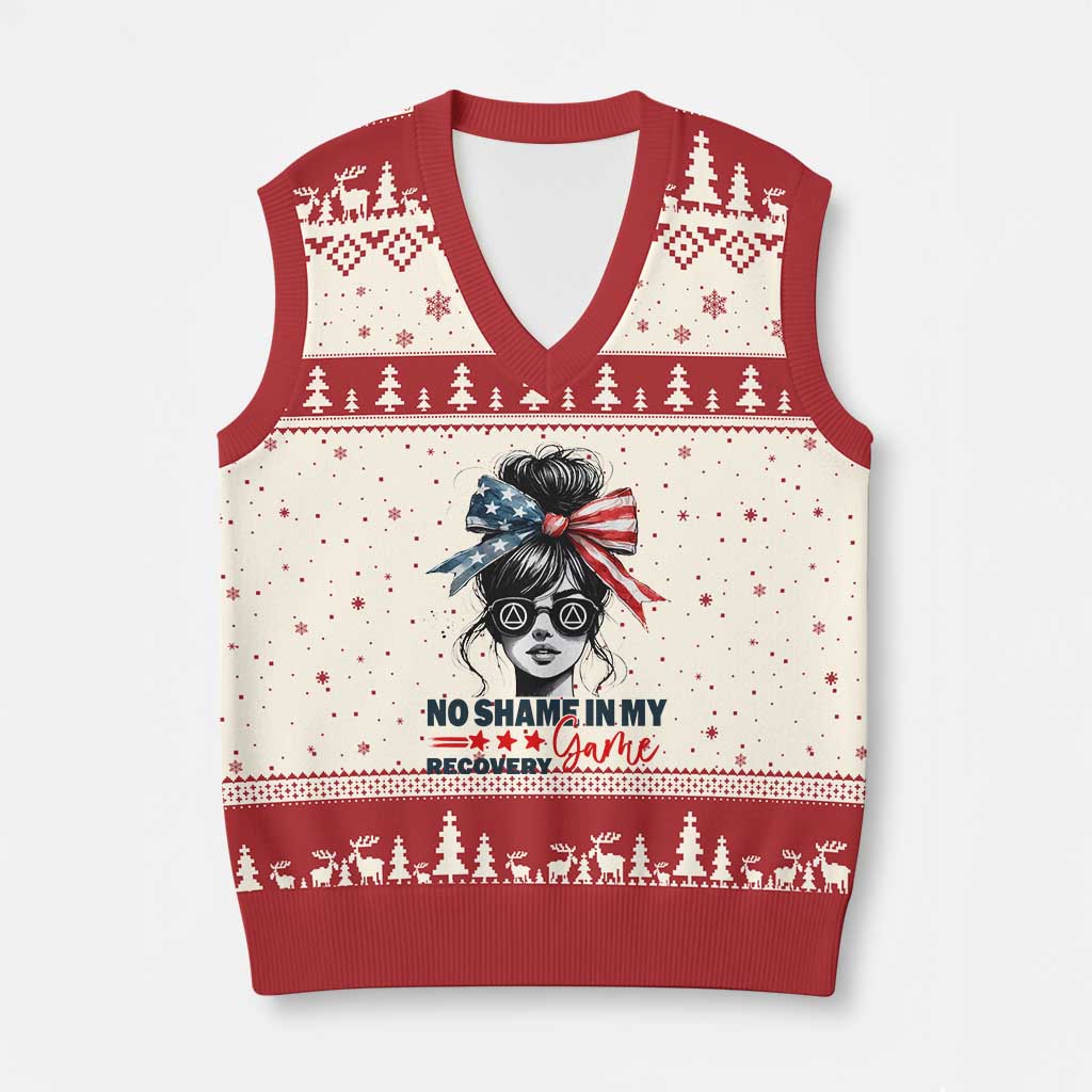 No Shame In My Recovery Game V-Neck Knit Sweater Vest Sobriety AA NA Anniversary TS11 Beige Red Print Your Wear