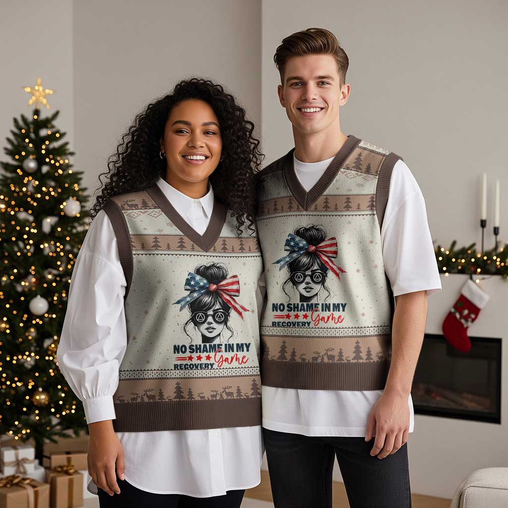 No Shame In My Recovery Game V-Neck Knit Sweater Vest Sobriety AA NA Anniversary TS11 Mocha Mousse Print Your Wear