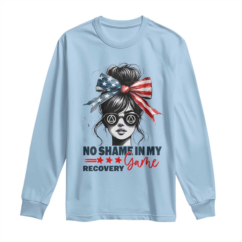No Shame In My Recovery Game Long Sleeve Shirt Sobriety AA NA Anniversary TS11 Light Blue Print Your Wear
