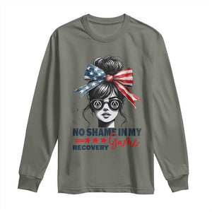 No Shame In My Recovery Game Long Sleeve Shirt Sobriety AA NA Anniversary TS11 Military Green Print Your Wear