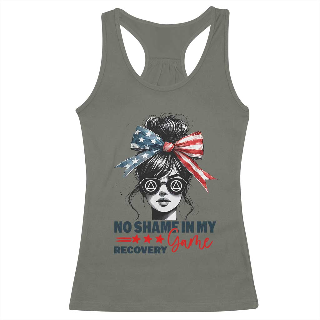 No Shame In My Recovery Game Racerback Tank Top Sobriety AA NA Anniversary TS11 Military Green Print Your Wear