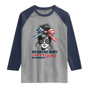 No Shame In My Recovery Game Raglan Shirt Sobriety AA NA Anniversary TS11 Sport Gray Navy Print Your Wear