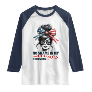 No Shame In My Recovery Game Raglan Shirt Sobriety AA NA Anniversary TS11 White Navy Print Your Wear