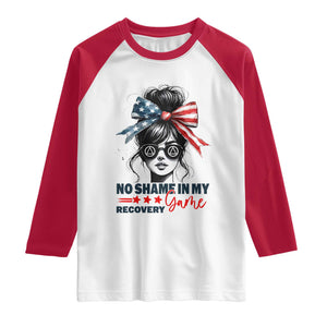 No Shame In My Recovery Game Raglan Shirt Sobriety AA NA Anniversary TS11 White Red Print Your Wear