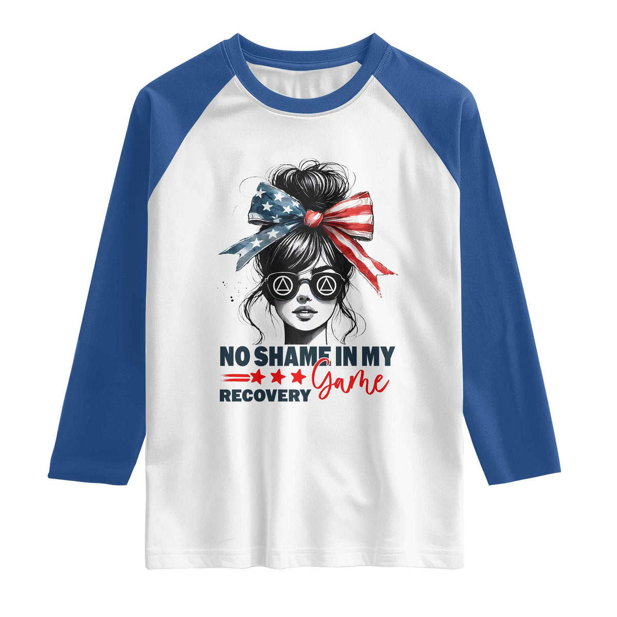 No Shame In My Recovery Game Raglan Shirt Sobriety AA NA Anniversary TS11 White Royal Print Your Wear