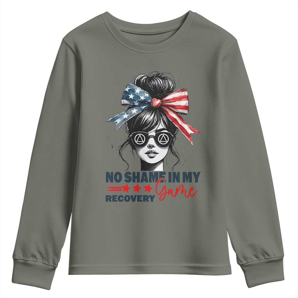 No Shame In My Recovery Game Youth Sweatshirt Sobriety AA NA Anniversary TS11 Military Green Print Your Wear