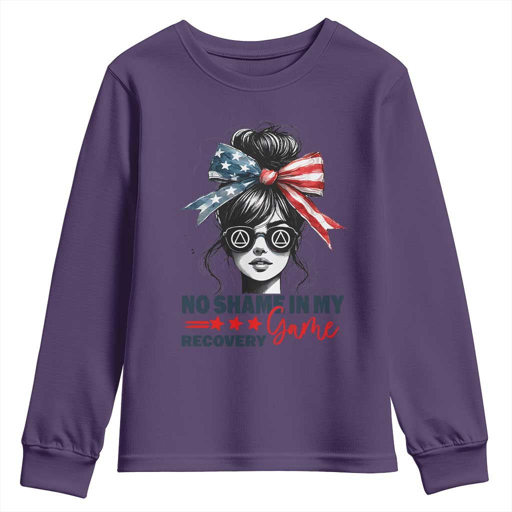 No Shame In My Recovery Game Youth Sweatshirt Sobriety AA NA Anniversary TS11 Purple Print Your Wear