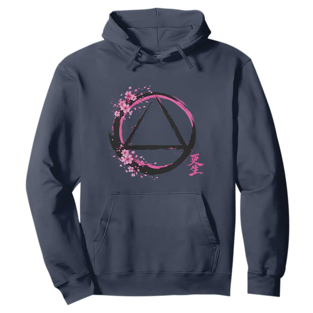 AA Sober Symbol Serenity Recovery Hoodie Japanese Cherry Blossom Brushstroke Circle TS11 Navy Print Your Wear