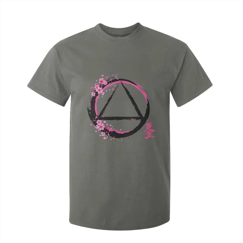 AA Sober Symbol Serenity Recovery T Shirt For Kid Japanese Cherry Blossom Brushstroke Circle TS11 Military Green Print Your Wear