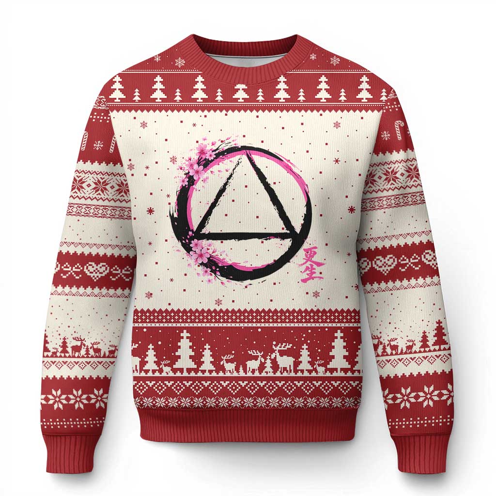 AA Sober Symbol Serenity Recovery Ugly Christmas Sweater Japanese Cherry Blossom Brushstroke Circle TS11 Beige Red Print Your Wear