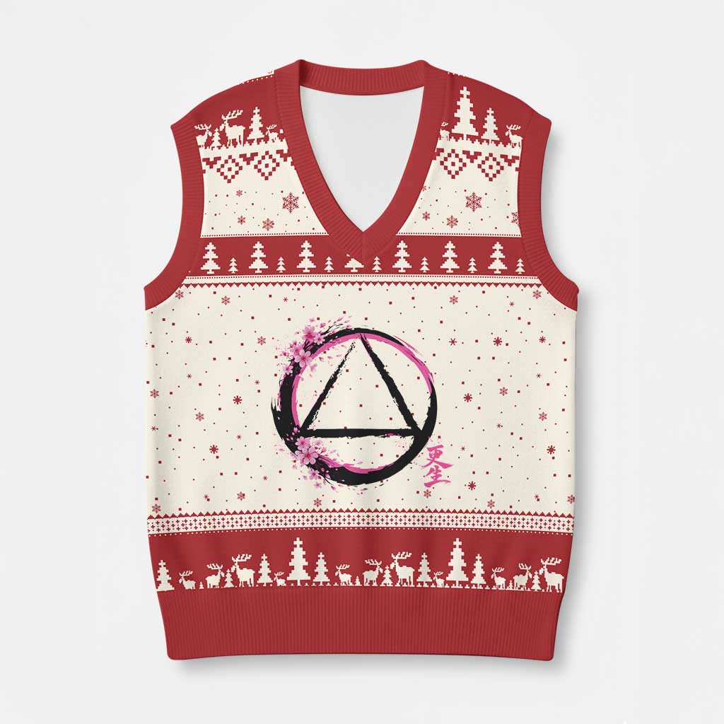 AA Sober Symbol Serenity Recovery V-Neck Knit Sweater Vest Japanese Cherry Blossom Brushstroke Circle TS11 Beige Red Print Your Wear