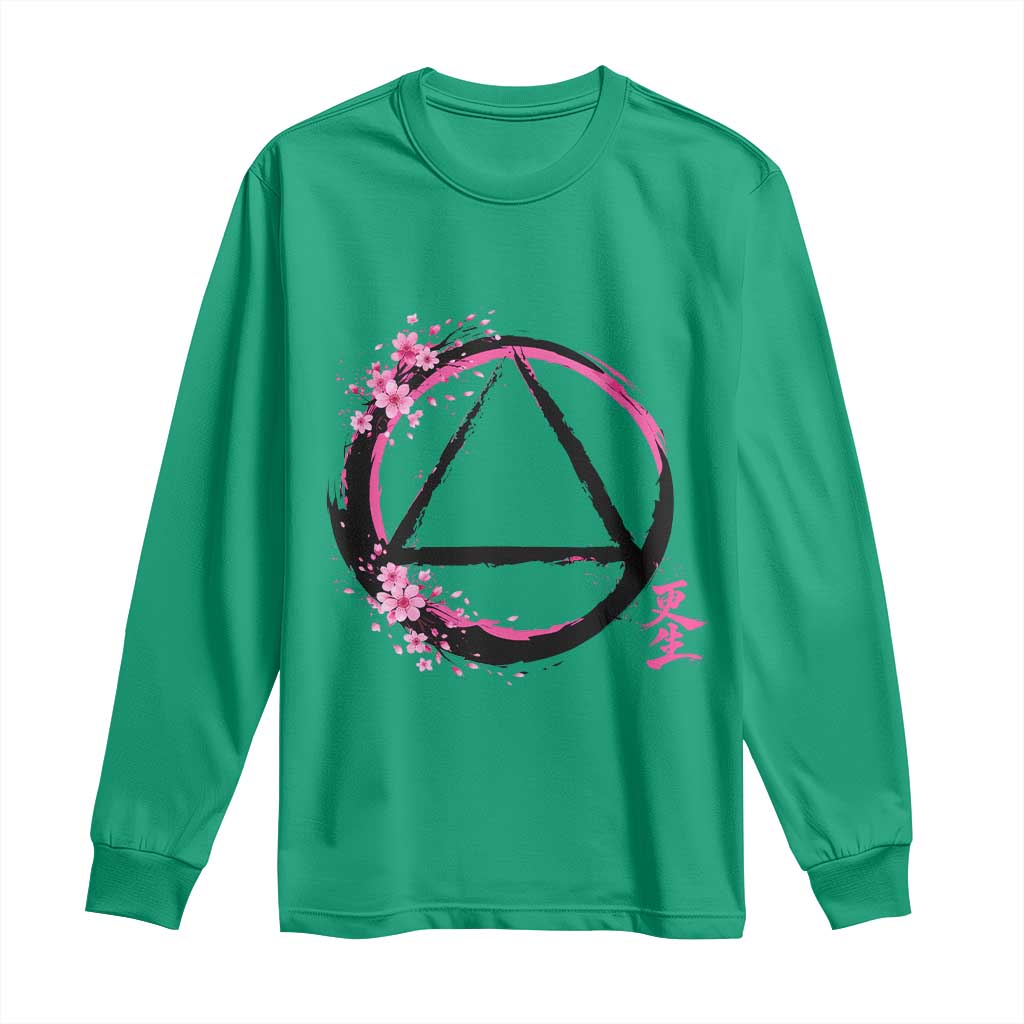 AA Sober Symbol Serenity Recovery Long Sleeve Shirt Japanese Cherry Blossom Brushstroke Circle TS11 Irish Green Print Your Wear