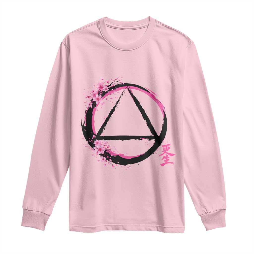 AA Sober Symbol Serenity Recovery Long Sleeve Shirt Japanese Cherry Blossom Brushstroke Circle TS11 Light Pink Print Your Wear
