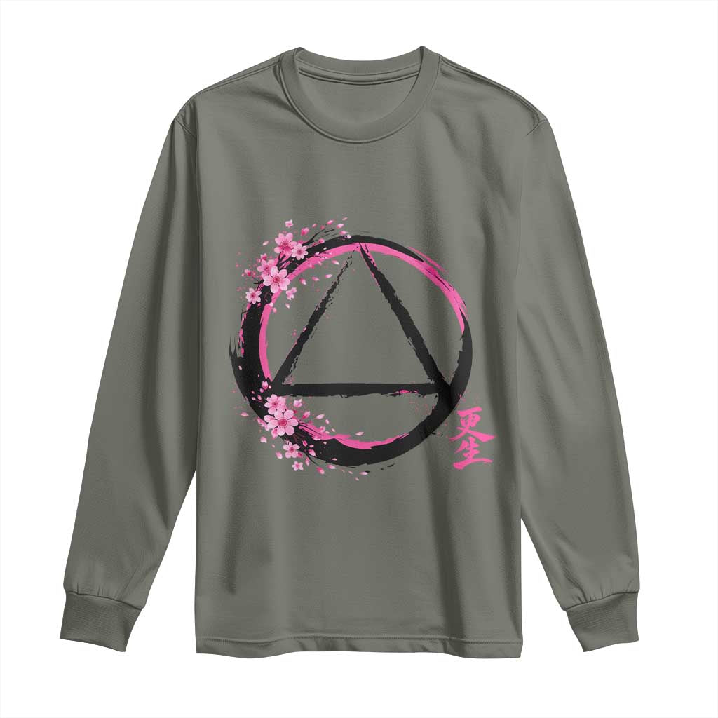 AA Sober Symbol Serenity Recovery Long Sleeve Shirt Japanese Cherry Blossom Brushstroke Circle TS11 Military Green Print Your Wear