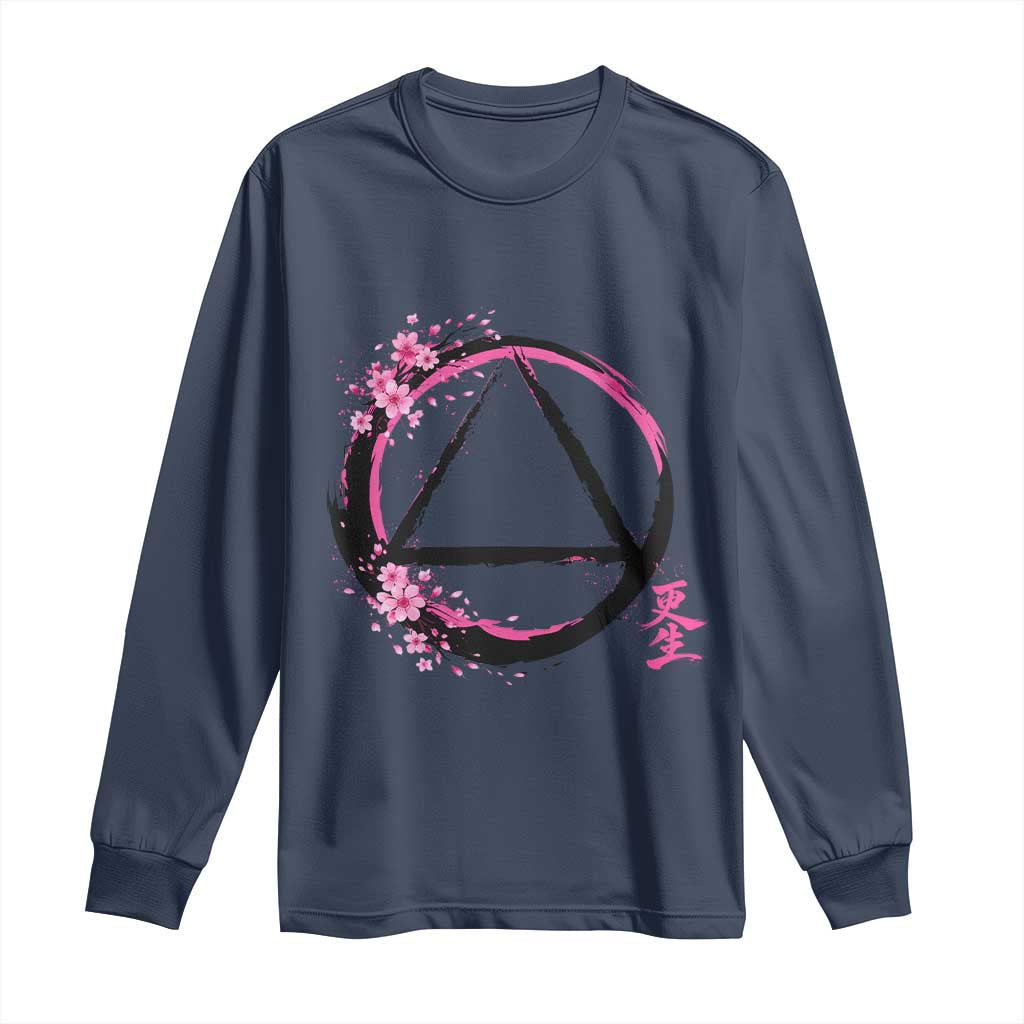 AA Sober Symbol Serenity Recovery Long Sleeve Shirt Japanese Cherry Blossom Brushstroke Circle TS11 Navy Print Your Wear