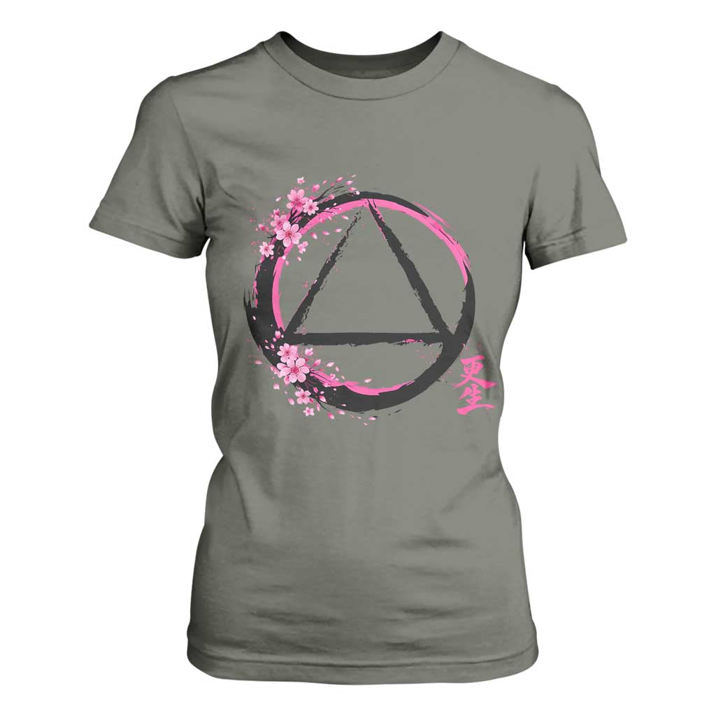 AA Sober Symbol Serenity Recovery T Shirt For Women Japanese Cherry Blossom Brushstroke Circle TS11 Military Green Print Your Wear