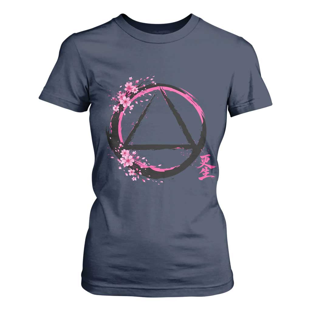 AA Sober Symbol Serenity Recovery T Shirt For Women Japanese Cherry Blossom Brushstroke Circle TS11 Navy Print Your Wear