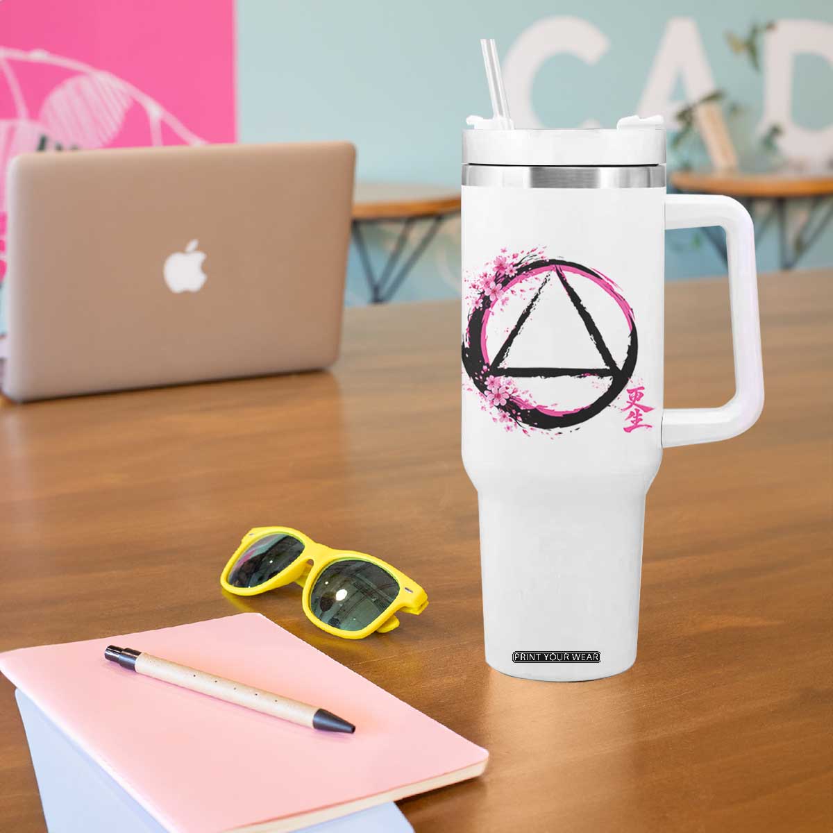 AA Sober Symbol Serenity Recovery Tumbler With Handle Japanese Cherry Blossom Brushstroke Circle TS11 Print Your Wear