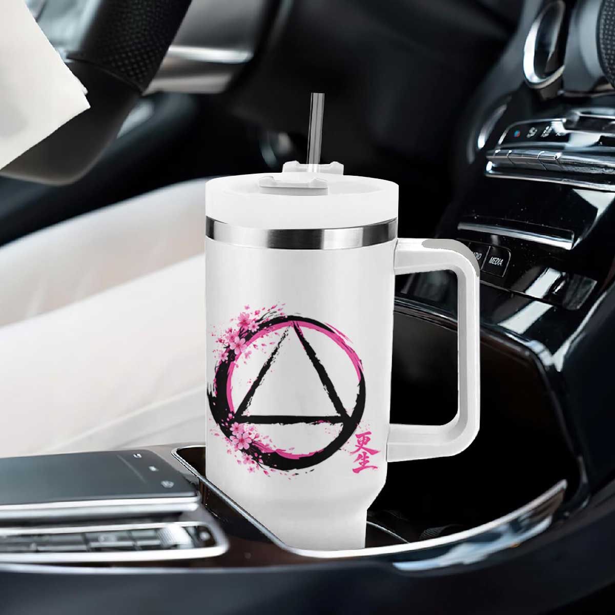 AA Sober Symbol Serenity Recovery Tumbler With Handle Japanese Cherry Blossom Brushstroke Circle TS11 Print Your Wear