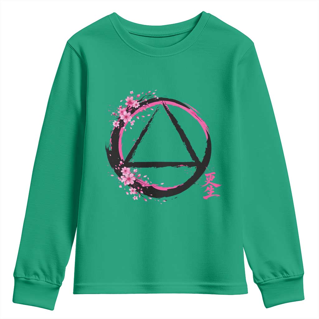 AA Sober Symbol Serenity Recovery Youth Sweatshirt Japanese Cherry Blossom Brushstroke Circle TS11 Irish Green Print Your Wear