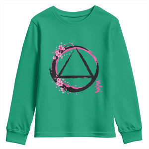 AA Sober Symbol Serenity Recovery Youth Sweatshirt Japanese Cherry Blossom Brushstroke Circle TS11 Irish Green Print Your Wear