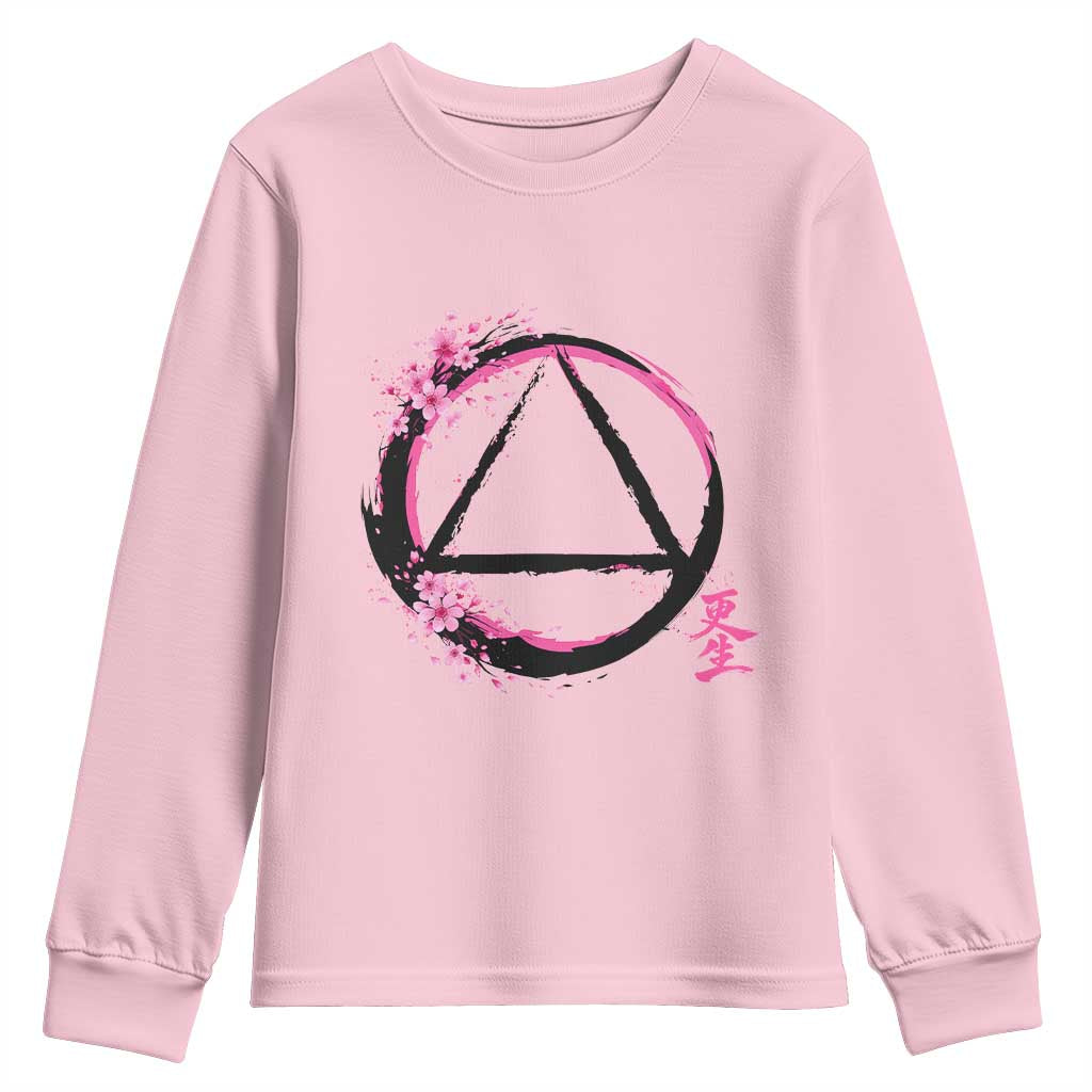 AA Sober Symbol Serenity Recovery Youth Sweatshirt Japanese Cherry Blossom Brushstroke Circle TS11 Light Pink Print Your Wear