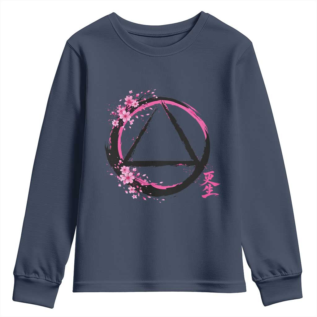 AA Sober Symbol Serenity Recovery Youth Sweatshirt Japanese Cherry Blossom Brushstroke Circle TS11 Navy Print Your Wear