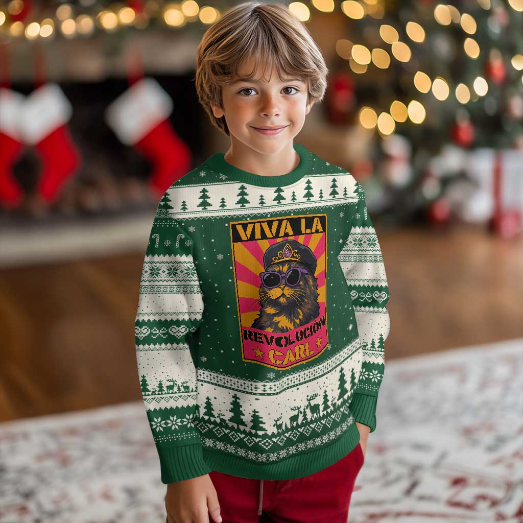 Viva La Revolucion Carl Ugly Christmas Sweater Funny Cat Princess Meme TS11 Forest Green Beige Print Your Wear
