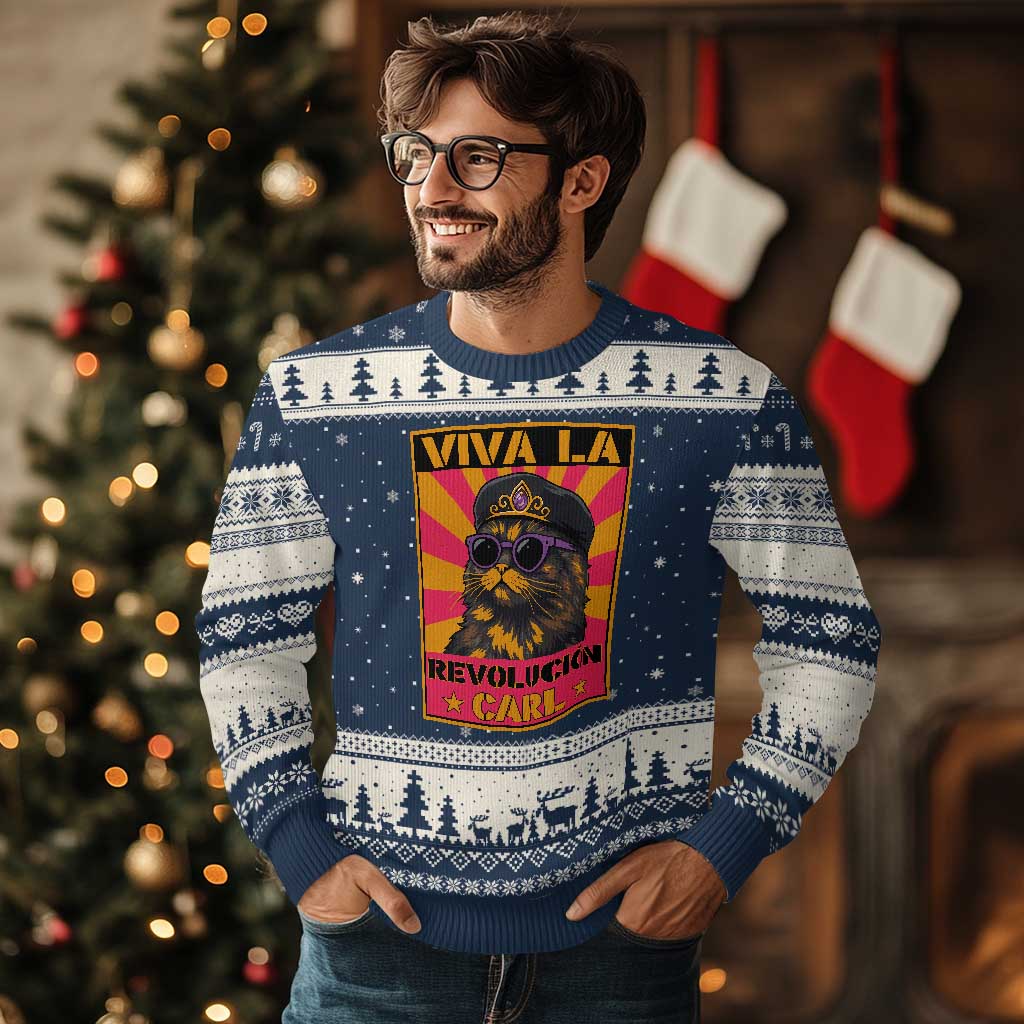 Viva La Revolucion Carl Ugly Christmas Sweater Funny Cat Princess Meme TS11 Navy Beige Print Your Wear