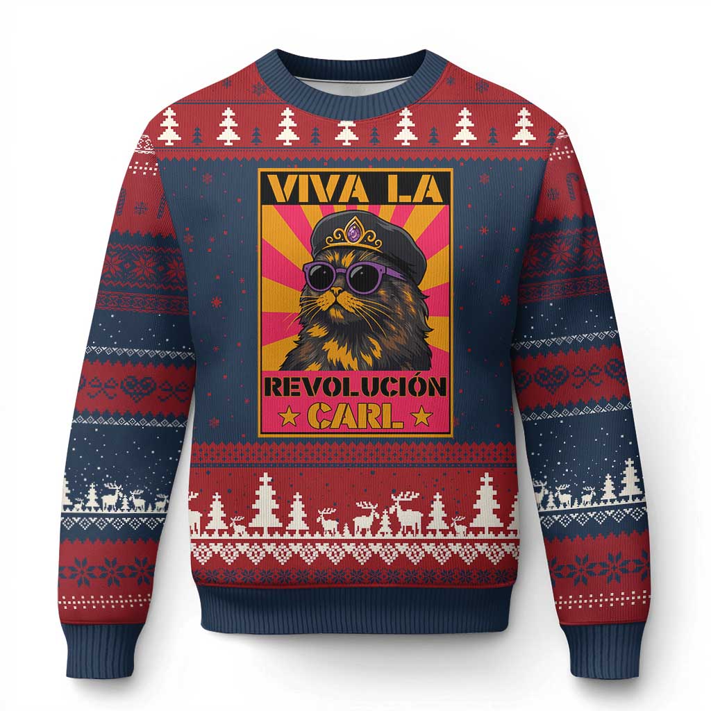 Viva La Revolucion Carl Ugly Christmas Sweater Funny Cat Princess Meme TS11 Navy Red Print Your Wear