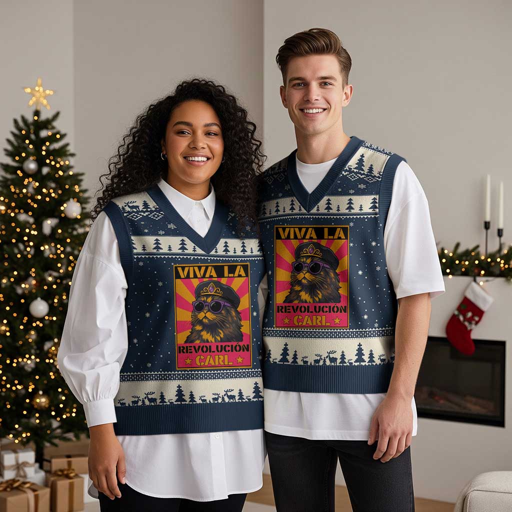 Viva La Revolucion Carl V-Neck Knit Sweater Vest Funny Cat Princess Meme TS11 Navy Beige Print Your Wear
