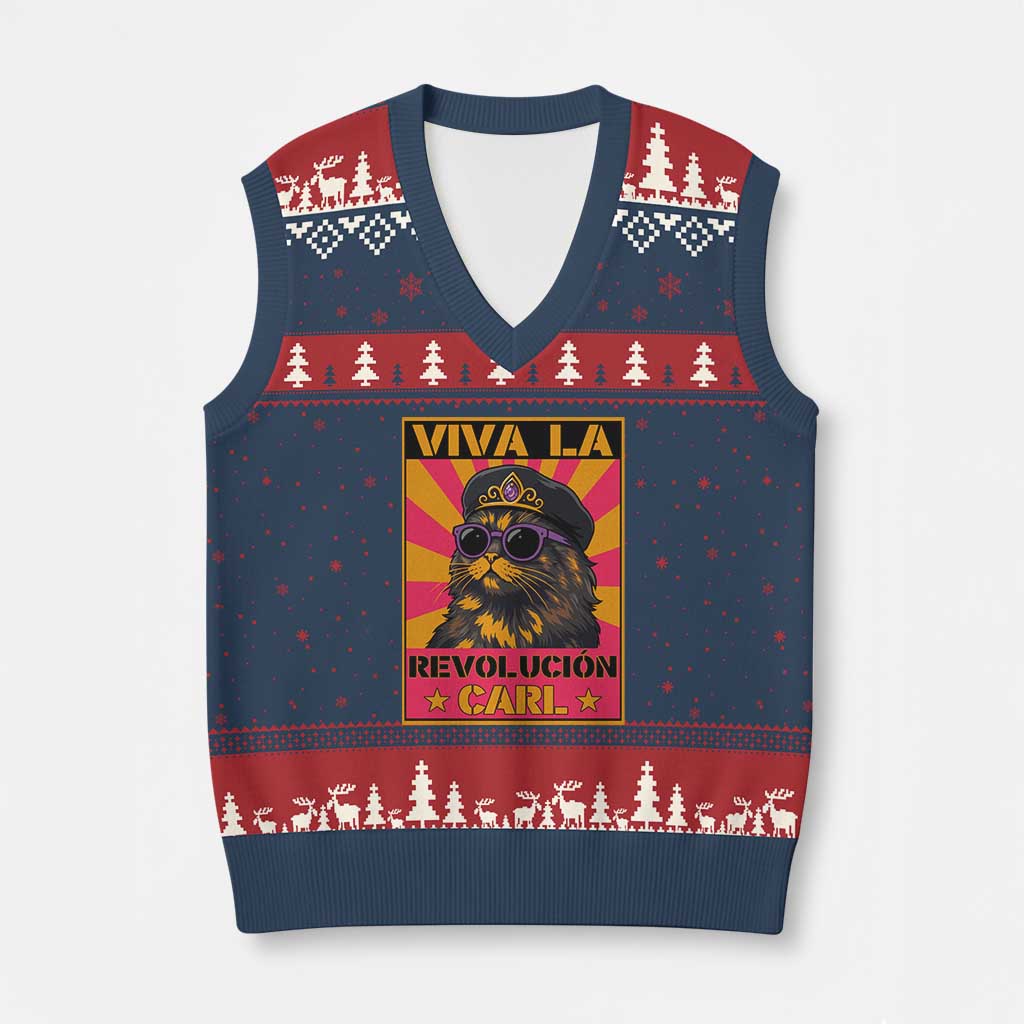 Viva La Revolucion Carl V-Neck Knit Sweater Vest Funny Cat Princess Meme TS11 Navy Red Print Your Wear