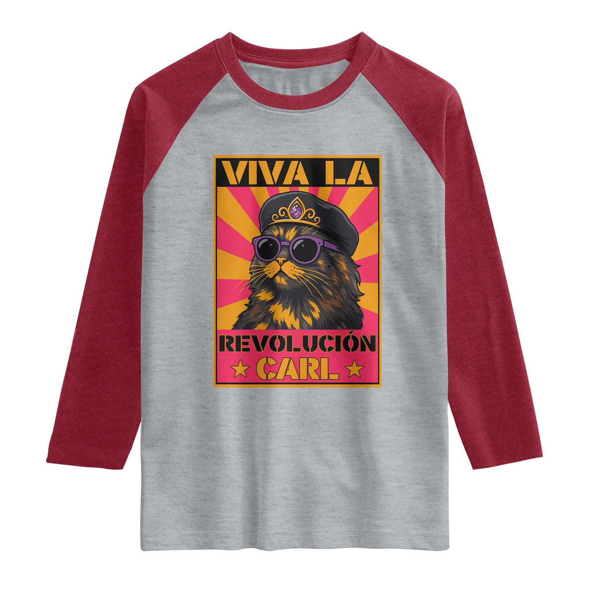Viva La Revolucion Carl Raglan Shirt Funny Cat Princess Meme TS11 Heather Gray Heather Red Print Your Wear