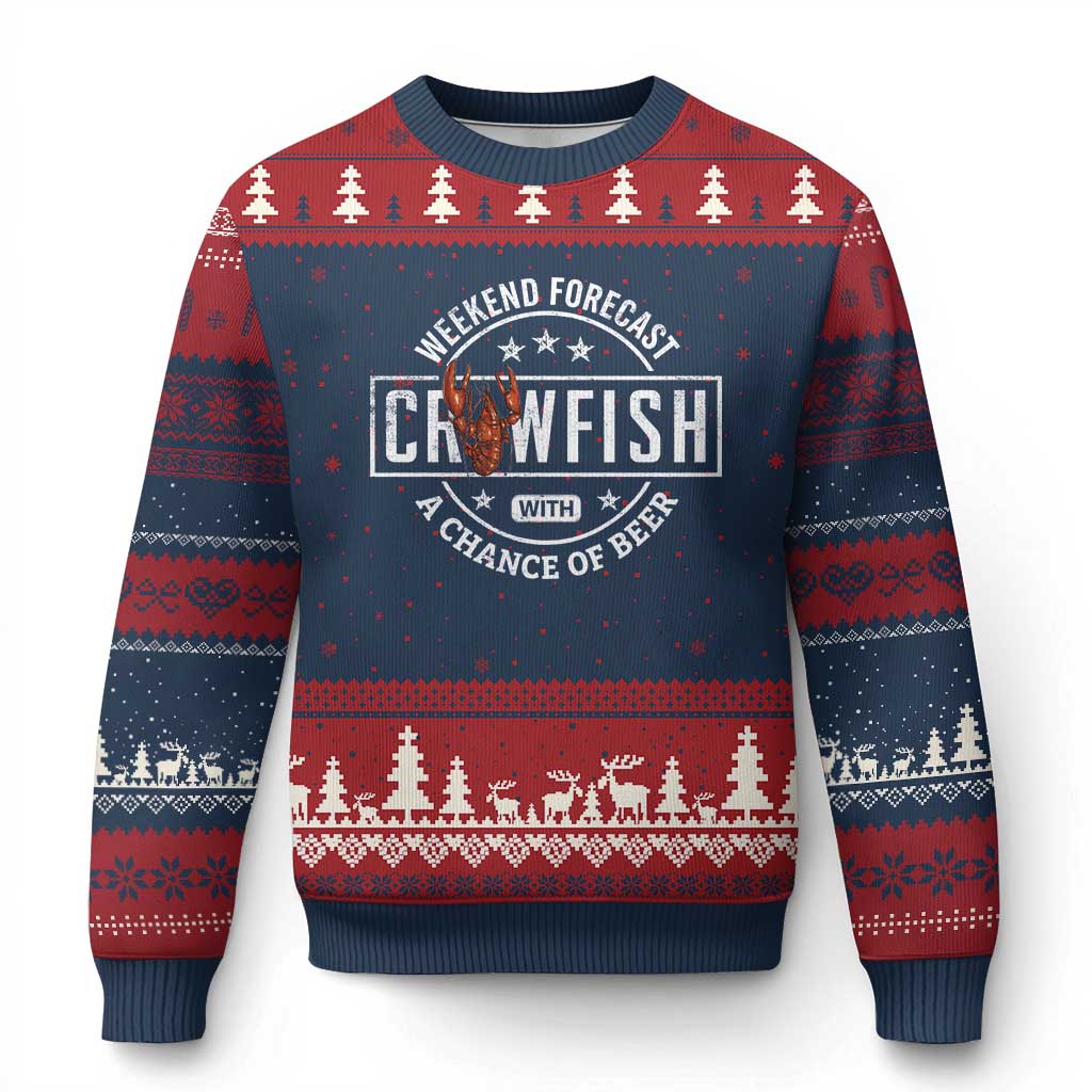 Weekend Forecast Crawfish With A Chance Of Beer Ugly Christmas Sweater TS11 Navy Red Print Your Wear