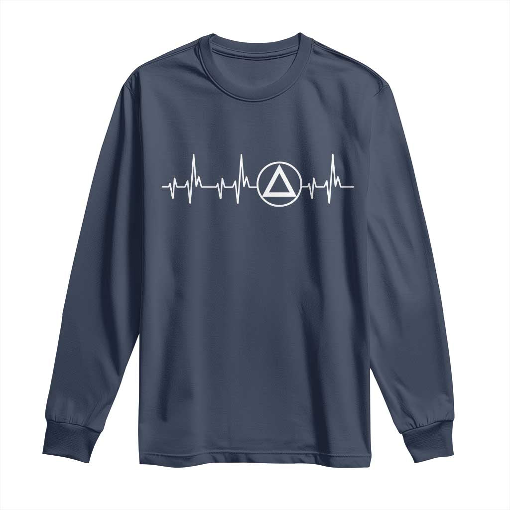 Sober Recover Sobriety Heartbeat EKG Pulse Recovery Long Sleeve Shirt TS11 Navy Print Your Wear