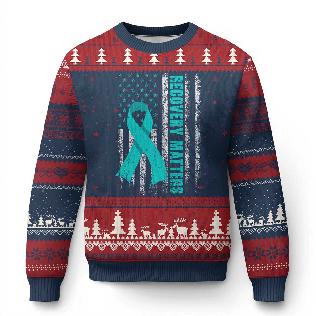 Recovery Matter Sobriety Anniversary Sober AA NA Ugly Christmas Sweater Vintage American Flag TS11 Navy Red Print Your Wear