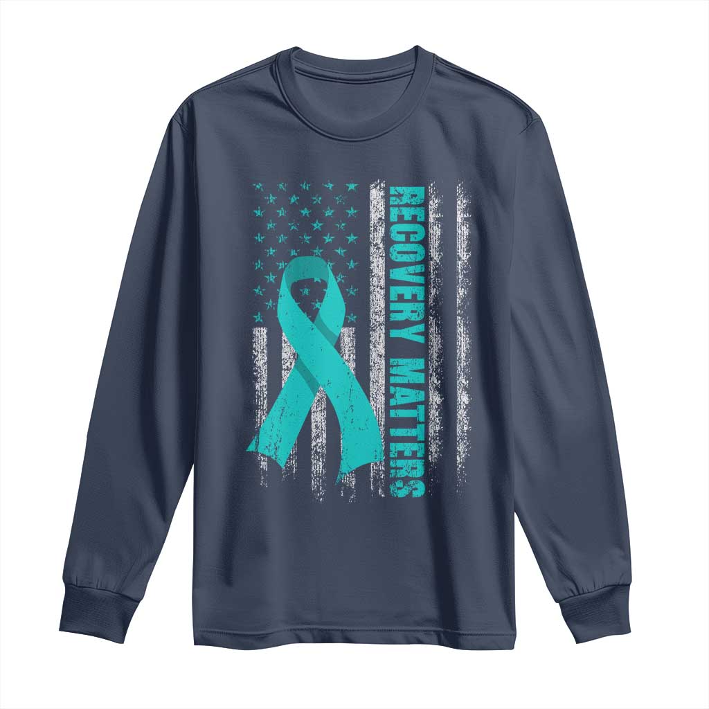 Recovery Matter Sobriety Anniversary Sober AA NA Long Sleeve Shirt Vintage American Flag TS11 Navy Print Your Wear