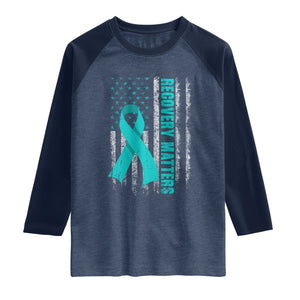 Recovery Matter Sobriety Anniversary Sober AA NA Raglan Shirt Vintage American Flag TS11 Heather Denim Navy Print Your Wear