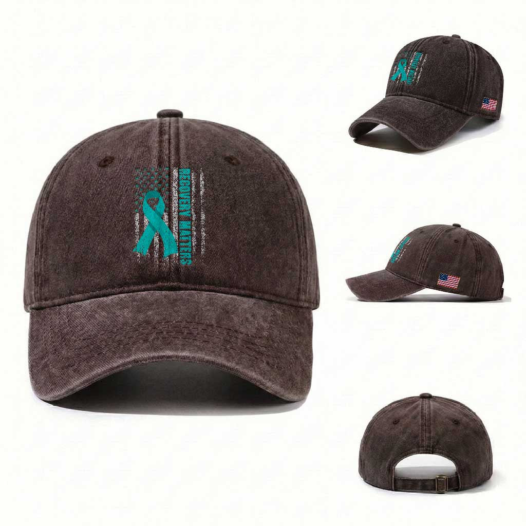 Recovery Matter Sobriety Anniversary Sober AA NA Washed Cotton Baseball Cap Vintage American Flag TS11 Washed Cap Universal Fit Dark Brown Print Your Wear