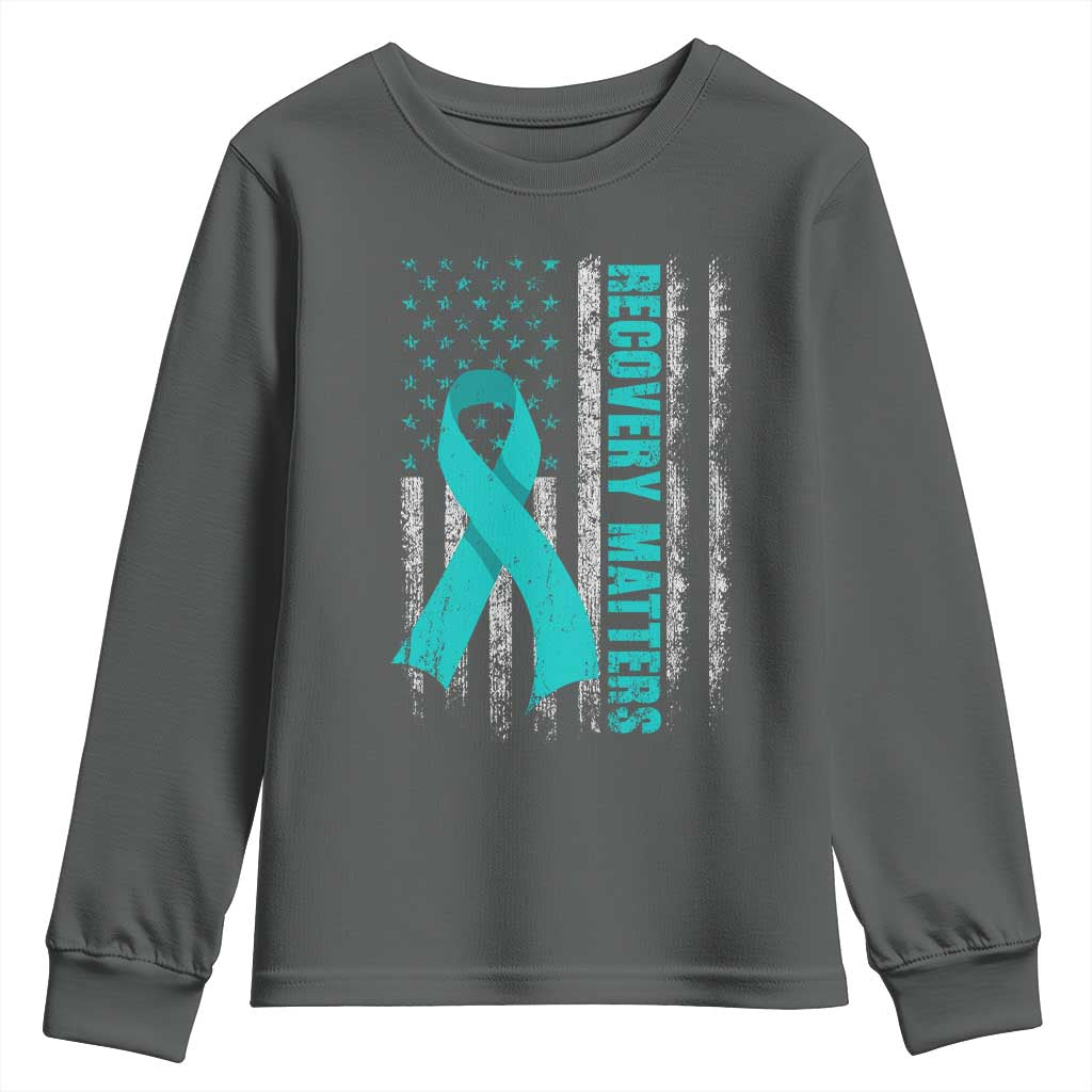 Recovery Matter Sobriety Anniversary Sober AA NA Youth Sweatshirt Vintage American Flag TS11 Dark Heather Print Your Wear