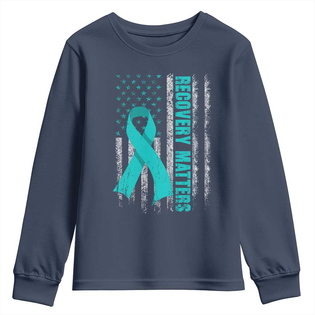 Recovery Matter Sobriety Anniversary Sober AA NA Youth Sweatshirt Vintage American Flag TS11 Navy Print Your Wear