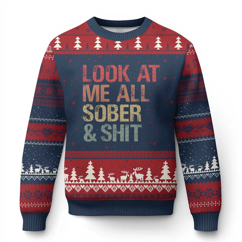 Look At Me All Sober And Shit Ugly Christmas Sweater Funny Addiction Recovery TS11 Navy Red Print Your Wear