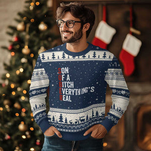 Sobriety Anniversary Ugly Christmas Sweater Sober Son Of A Bitch Everythings Real AA NA TS11 Navy Beige Print Your Wear
