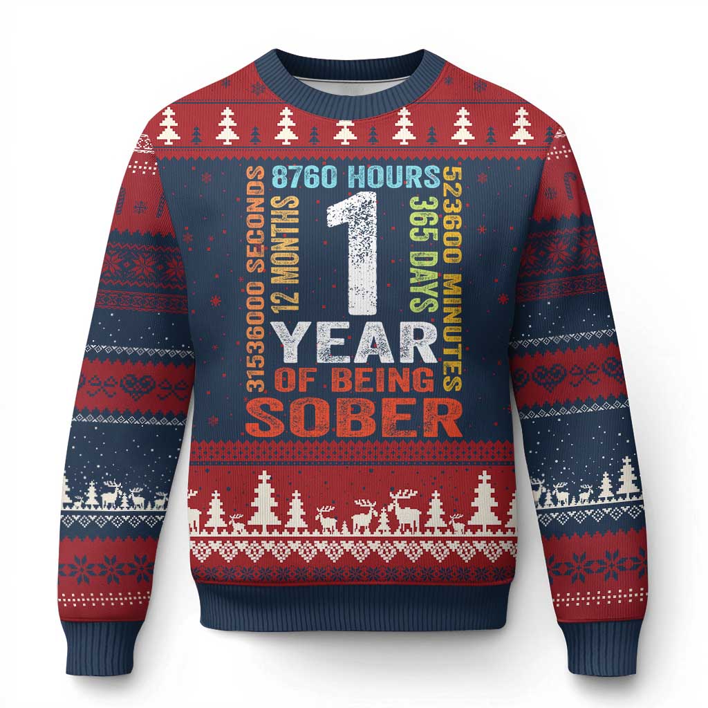 1 Year Of Being Sober Ugly Christmas Sweater 1 Year Sobriety Anniversary Addiction Recovery TS11 Navy Red Print Your Wear