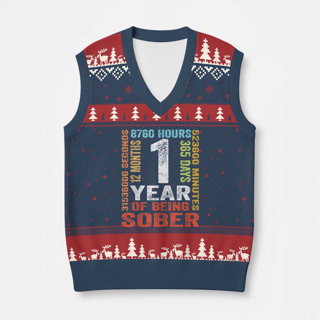 1 Year Of Being Sober V-Neck Knit Sweater Vest 1 Year Sobriety Anniversary Addiction Recovery TS11 Navy Red Print Your Wear