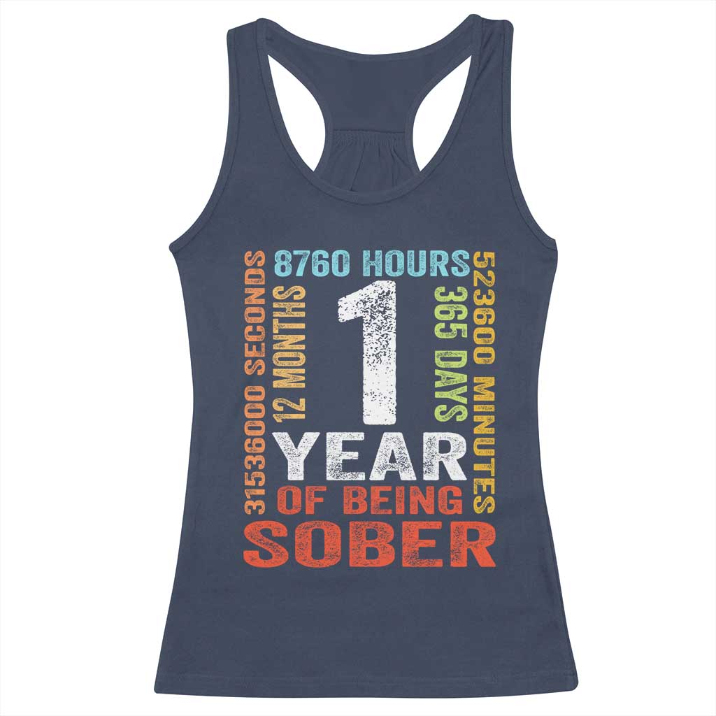 1 Year Of Being Sober Racerback Tank Top 1 Year Sobriety Anniversary Addiction Recovery TS11 Navy Print Your Wear